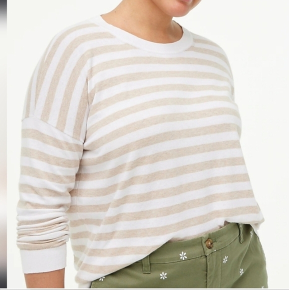 JCrew Sweater Crewneck Long Sleeve Tan Sand Fawn Cream White Striped L - Picture 3 of 9